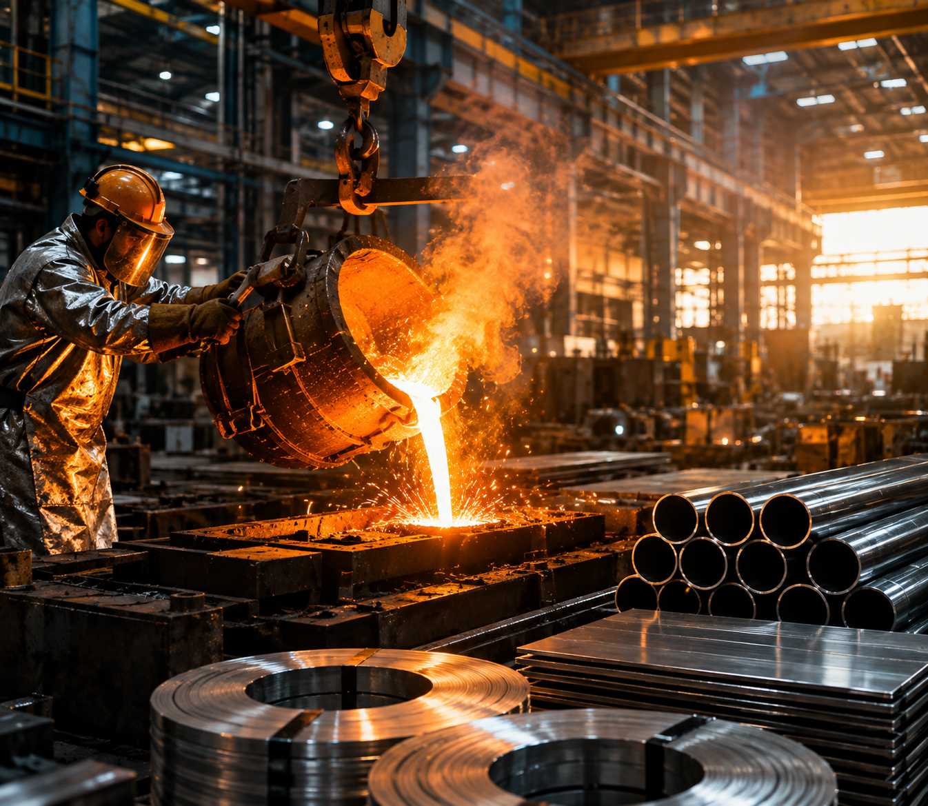Foundry workers pouring molten metal